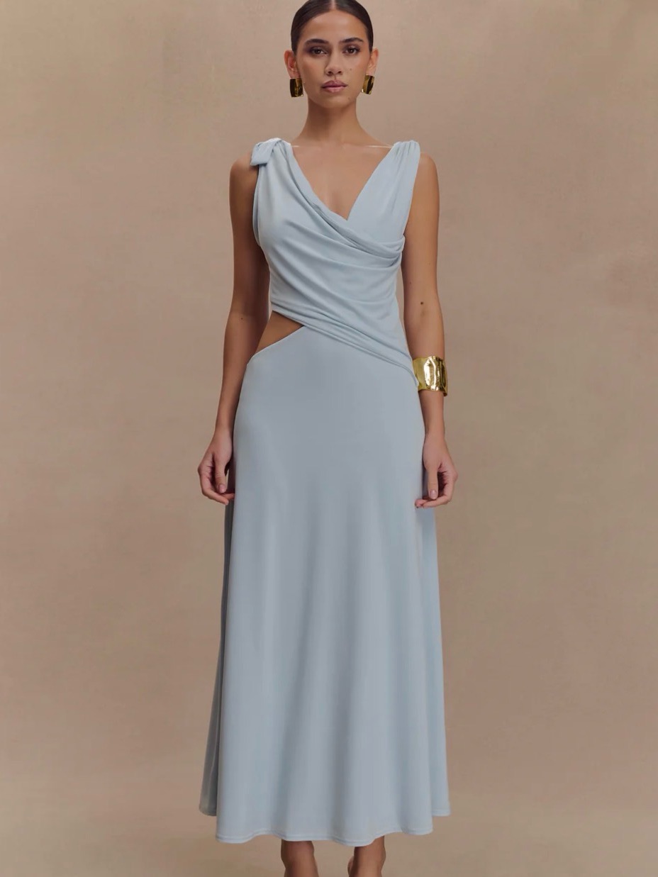 Meshki Pale Blue Draped Cutout Maxi Dress